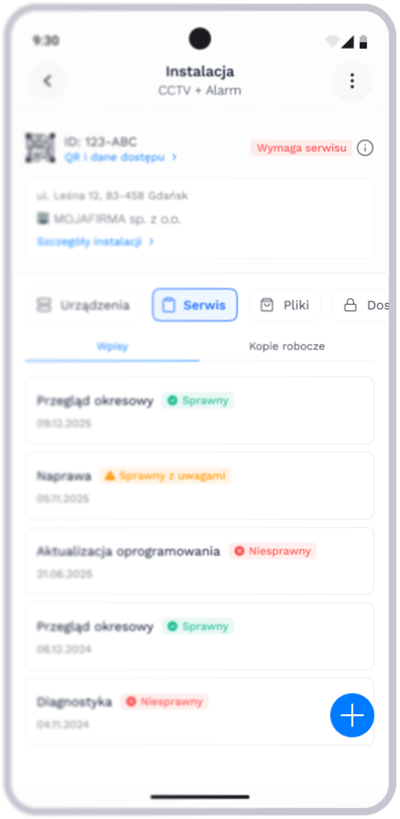 Podgląd cyfrowej karty instalacji w aplikacji dla instalatora